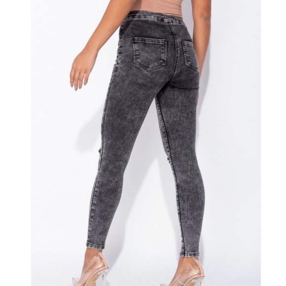 Gray Acid Wash High Waist Ripped Distressed Skinny Denim Jeggings Pants - Picture 3 of 10
